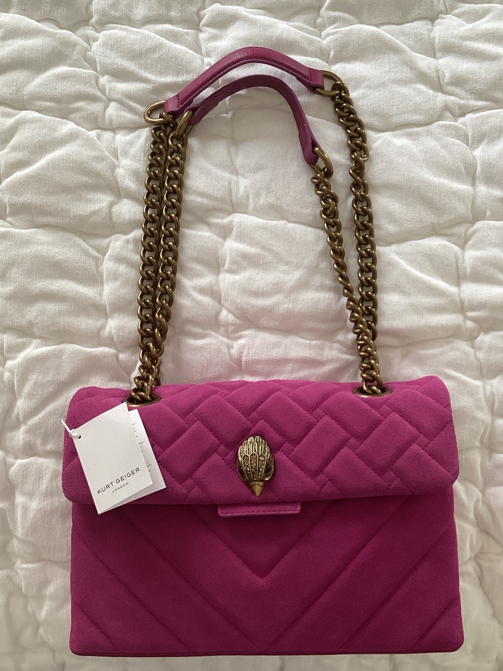 Kurt Geiger Hot Pink Quilted Shoulder Bag with Gold Chain